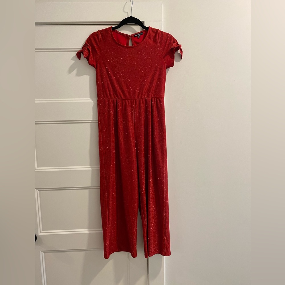 Sequin Hearts Girl’s Red Romper, Large, Rounded Neckline, 1 button keyhole back.